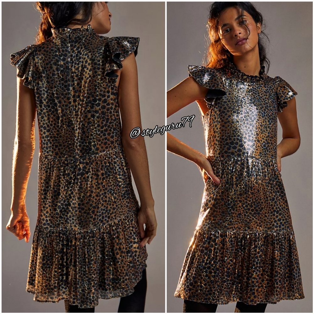 NWT, Anthropologie, JOELLA SEQUINED SHINY MINI DRESS In Animal Print, XSP